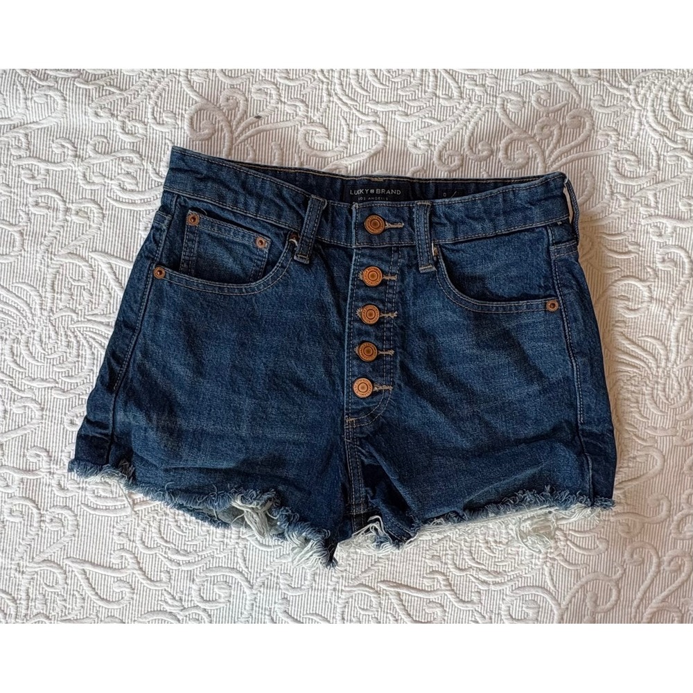 Lucky‎ Brand Button fly High Rise Raw Hem Shorts Dark Wash 26.5 in waist